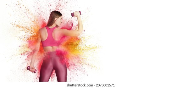 Back view. Collage with young female athlete, fitness coach posing in explosion of colored neon powder isolated on white background. Concept of wellness, achievements, weight-loss, energy, motion.