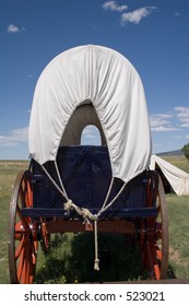 Back view of a conestoga wagon used as an army supply vehicle at old Fort Union National Monument, north of Santa Fe, New Mexico
