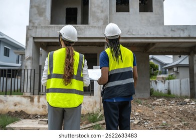 Back view construction engineer man and woman looking at unfinished new housing project in construction site