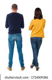 Back View Couple In Sweater. Beautiful Man And Woman. Rear View People Collection. Backside View Of Person. Isolated Over White Background.