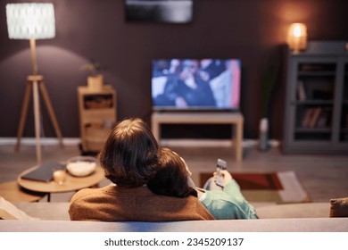 Back view of couple watching TV together sitting on sofa at home in evening, copy space - Powered by Shutterstock