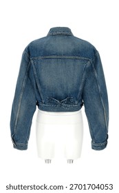 Back view of a cropped denim jacket with a classic collar and button detailing presented on a white mannequin against a white background