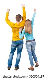 Back View Of Dancing Young Couple(men And Women). Dance Party. Girls And Guys Teens Dance, Enjoy And Express Positive Emotions And Having Fun. Backside View Of Person. Isolated Over White Background. 