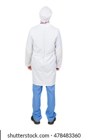 Back View Of Doctor In Robe. Standing Young Guy. Rear View People Collection.  Backside View Of Person.  Isolated Over White Background. The Nurse In A Dressing Gown Standing And Looking Up.