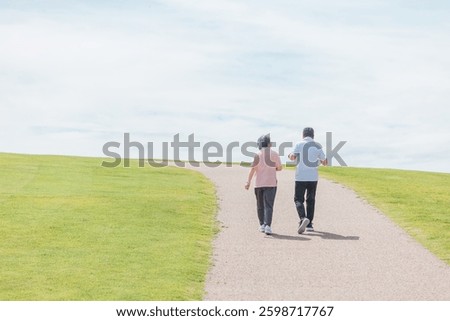Back view of an elderly couple walking and doing aerobic exercise in the park (seniors, men and women)
