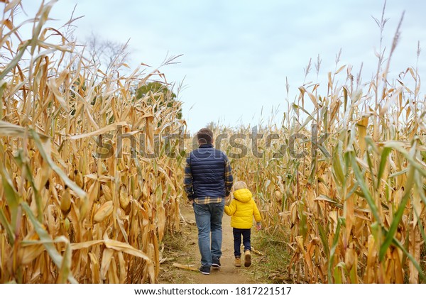 Back view\
of family walking among the dried corn stalks in a corn maze.\
Little boy and his father having fun on pumpkin fair at autumn.\
Traditional american amusement on pumpkin\
fair.