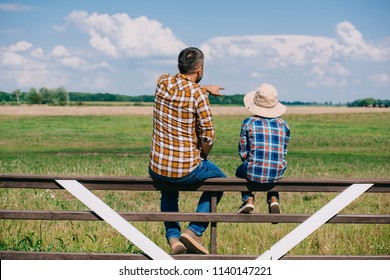 back view of father and son sitting on fence and looking at green  field