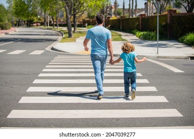 Back View. Father And Son Walk On Zebra Crossing. Family Value. Parent Leading Small Child