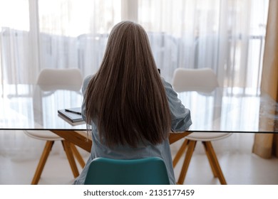 Back View Of Female Person With Long Straight Hair Sitting At Glass Desk In Front Of Window At Home