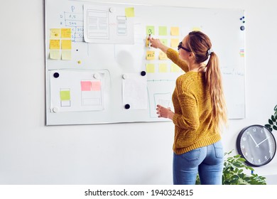 Back view of female web designer working on whiteboard in office