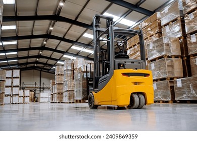 Back view of forklift in warehouse in the middle of stored goods.. Forklift driver preparing products for shipmennt, delivery, checking stock in warehouse. - Powered by Shutterstock