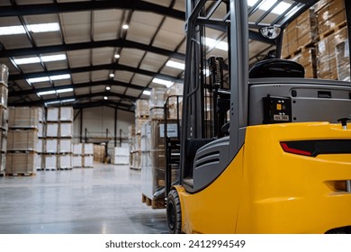 Back view of forklift in warehouse in the middle of stored goods.. Forklift driver preparing products for shipmennt, delivery, checking stock in warehouse. - Powered by Shutterstock