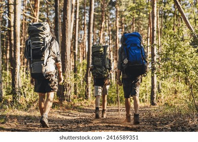 Back view of friends hikers doing trekking outdoor. Travel concept. Trip voyage adventure to mountains, togetherness and team spirit. Away from everything concept - Powered by Shutterstock