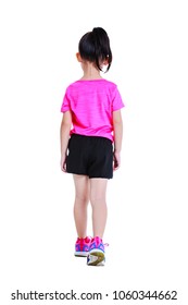 Back View. Full Body Of Adorable Asian Child In Sportswear Back Walking At Studio. Isolated On White Background.