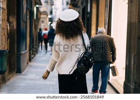 Similar – Image, Stock Photo Anonymous woman with backpack in boarding bridge