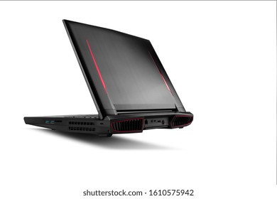 Back View Of Gaming Laptop On White Isolated Background. Laptop Designed For Gamers Or Professional Players Or 3d Rendering