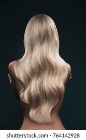 back view of girl with beautiful long blonde hair isolated on black