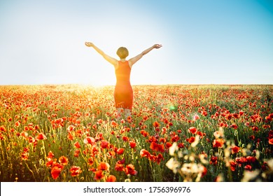 Back view girl in red poppies flowers meadow and blue sky in sunset light. A young woman in red dress arms raised up to the sky, celebrating freedom. Positive emotions feeling life, peace of mind
