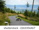 Back view of girl riding around a go cart track in mountain cart above Tatranska Lomnica, High Tatras, Slovakia