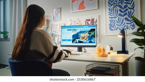 Back view of girl typing prompt in artificial intelligence app on PC. AI video generator generates detailed high-quality video of modern house. Advanced AI generated video creation. Generative art.