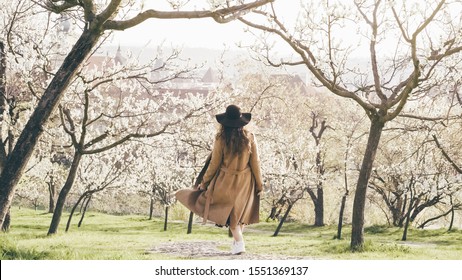 Back view girl walking under blossoming apple tree in natural park on hill slope in Prague. Elegant young lady in hat and brown coat enjoying flowering garden at sunny spring day. - Powered by Shutterstock