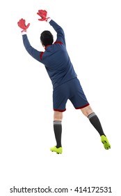 Back View Of Goalkeeper Catch Ball Isolated Over White Background