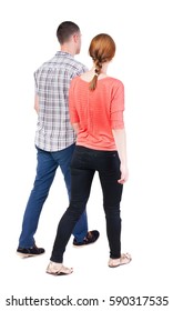  Back View Going Couple. Walking Friendly Girl And Guy Holding Hands. Rear View People Collection. Backside View Of Person. Isolated Over White Background. 