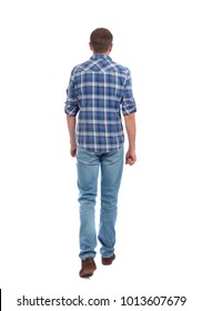 Back view of going  handsome man. walking young guy . Rear view people collection.  backside view of person.  Isolated over white background. A man in a blue shirt goes slowly.