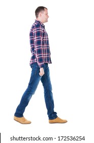 Back view of going  handsome man in checkered shirt. walking young guy . Rear view people collection.  backside view of person.  Isolated over white background.