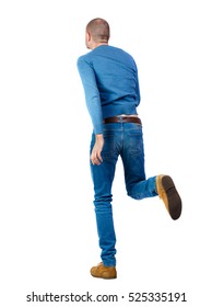 Back View Of Going  Handsome Man. Walking Young Guy. Rear View People Collection.  Backside View Of Person.  Isolated Over White Background. Shorthair Boy In Blue Jacket Running Away Into The Distance