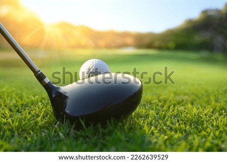 Back view of  golf ball on tee with golf drivers at golf course.