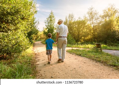Back view of grandfather with hat and grandchild walking on a nature path