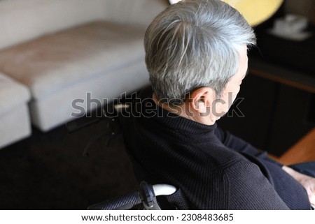 Back view of a gray-haired elderly man on a wheelchair
