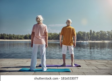 Back view of a gray-haired lady and her senior husband standing on the yoga mats - Powered by Shutterstock