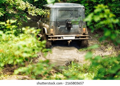Back view of green russian off-road utility vehicle UAZ Hunter going on dirty road in summer forest among trees on sunny day. Racing, travelling, extreme trip, four wheel drive, adventure. Soft focus.