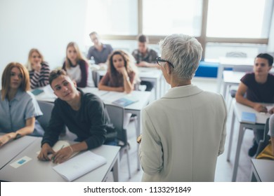 Back view of grey-haired woman teacher stading at classroom and talking to high school students. - Shutterstock ID 1133291849