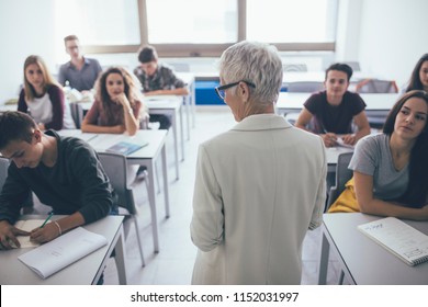 Back view of grey-haired woman teacher stading at classroom and talking to high school students.