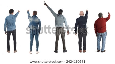 back view of a group of a men pointing up on white background