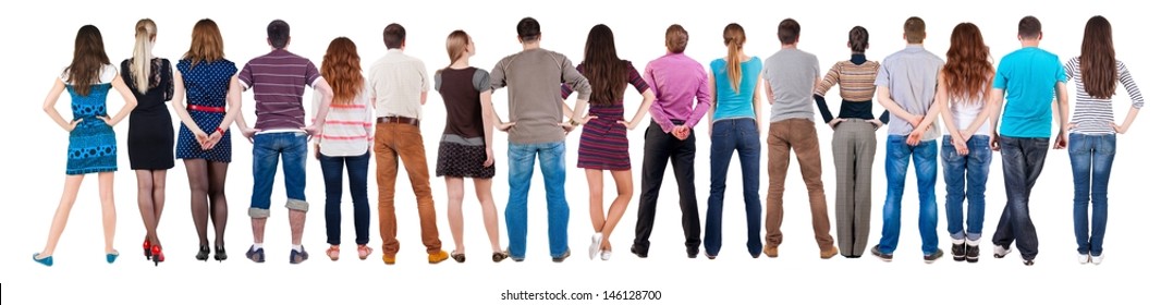 Back view group of people  looking. Rear view team people collection.  backside view of person.  Isolated over white background.