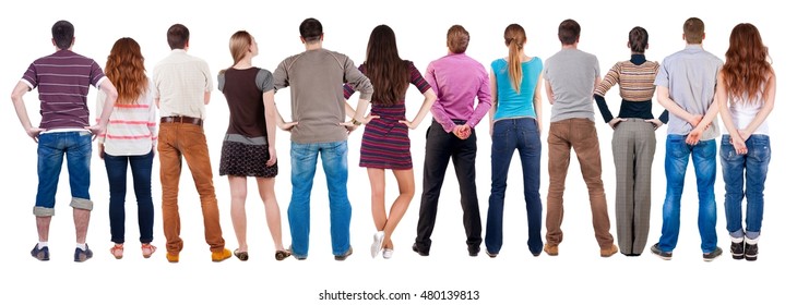 Back View Group Of People  Looking. Rear View Team People Collection.  Backside View Of Person.  Isolated Over White Background.