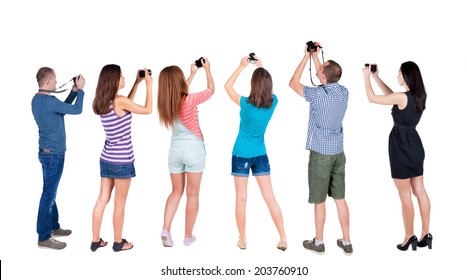 Back View Of  Group People Photographed Attractions. Rear View Team People Collection.  Backside View Of Person.  Isolated Over White Background.