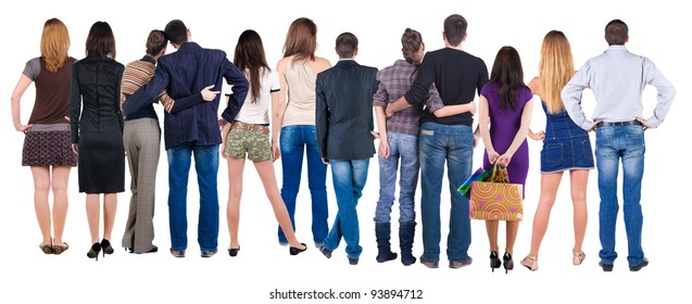 Back view group of people who are looking into the distance. Rear view. Isolated over white background.
