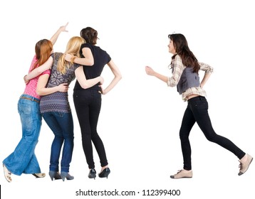 Back view of group pointing young women. girl hastens to join friends.  Rear view people collection. backside view of person. Isolated over white background.