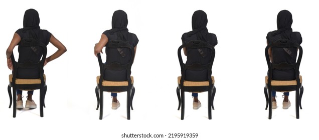 Back View Of Group Of  Same Woman Sitting On Chair On White Background