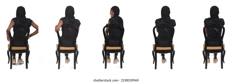 Back View Of Group Of  Same Woman Sitting On Chair On White Background