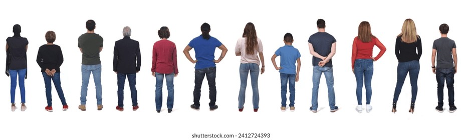 back view of a group of women and men of various ages dressed in jeans on white background - Powered by Shutterstock