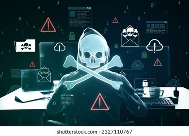 Back view of hacker at desk using computers with glowing skull hologram on blurry background. Hacking, malware and phishing concept