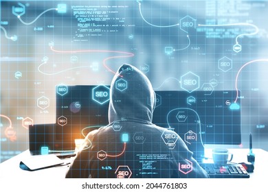 Back View Hacker Desktop Using Abstract Stock Photo 2044761803 ...