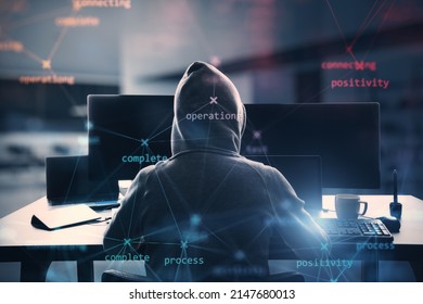 Back view of hacker at desktop using computers with creative process stages mesh on blurry office interior background. Hacking, system and software concept. Double exposure