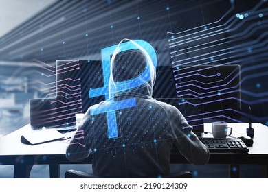 Back view of hacker at desktop using computers with creative glowing Russian ruble circuit hologram on blurry office interior background. Digital money, data, theft and online banking concept. 